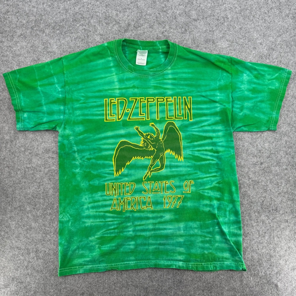 Gildan T-Shirt Mens L Led Zeppelin Green Tie-Dye 1977 Tour Graphic EUC